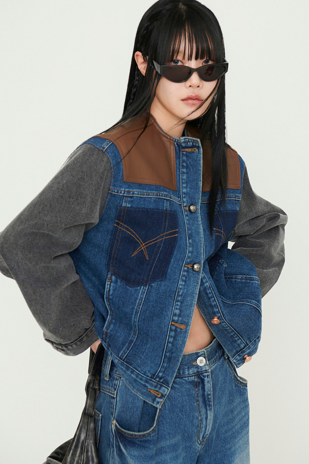 LUCKY CHOUETTE - 자켓 - [Re-Order] Fake Leather Color Block Denim Jacket (blue)