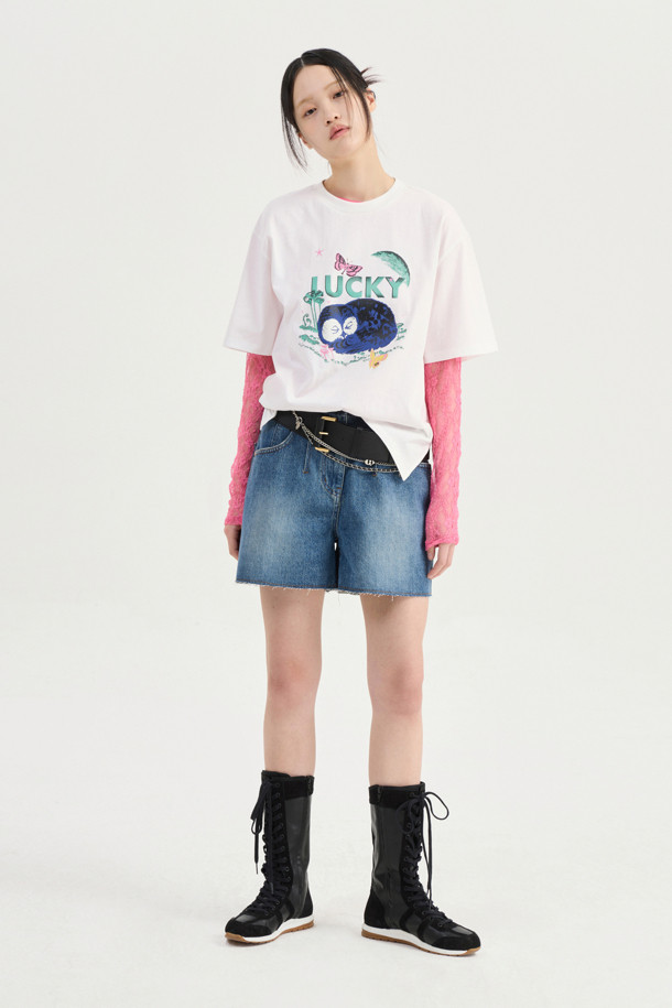 LUCKY CHOUETTE - 쇼트팬츠 - Color Block Denim Shorts (blue)