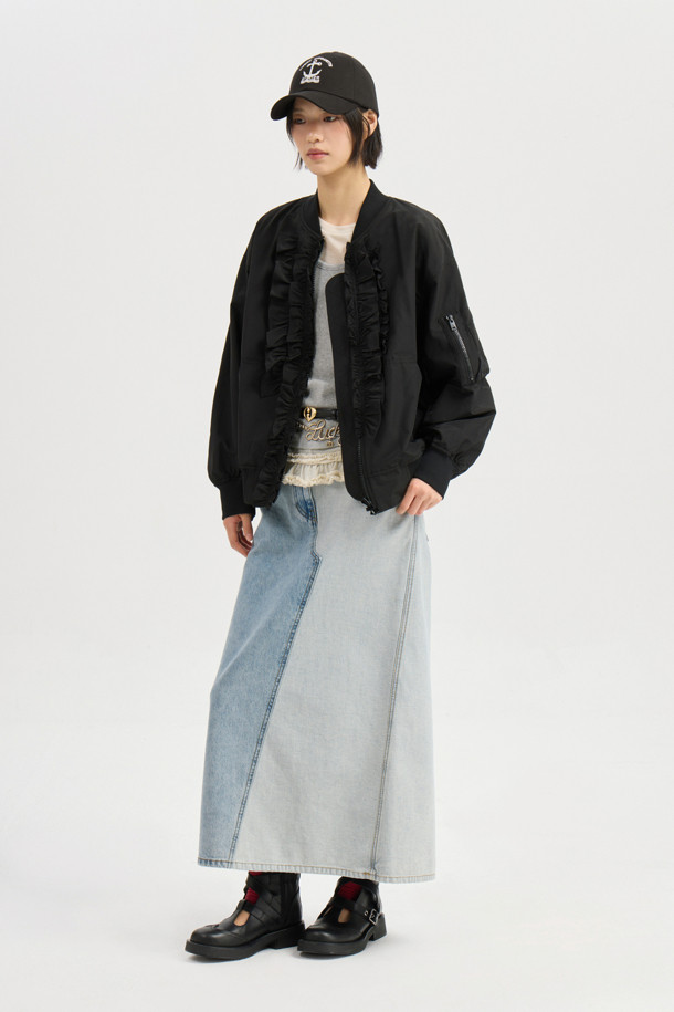 LUCKY CHOUETTE - 롱스커트 - Back Banding Color Block Long Denim Skirt (blue)