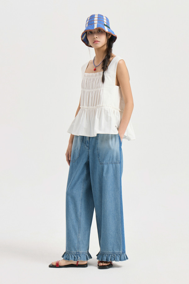 LUCKY CHOUETTE - 롱/미디팬츠 - [Re-Order] Hem Frill Back Banding Wide Denim Pants (blue)