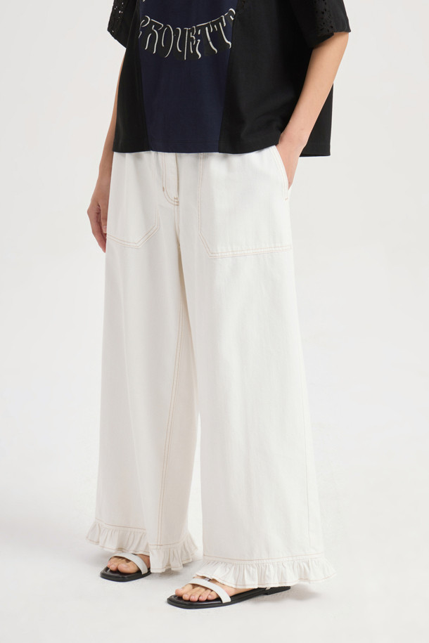 LUCKY CHOUETTE - 롱/미디팬츠 - Hem Frill Back Banding Wide Denim Pants (white)