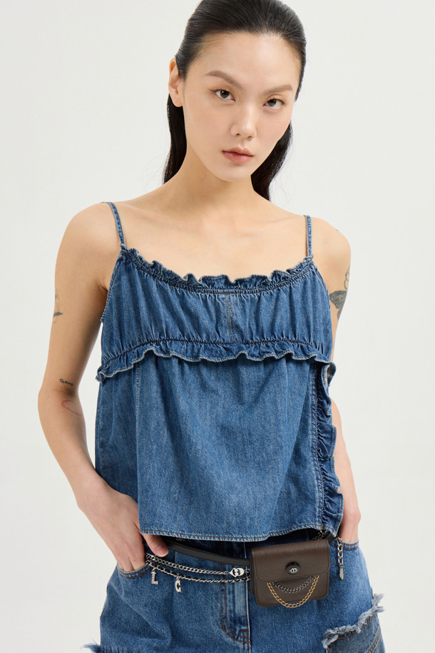 LUCKY CHOUETTE - 블라우스 - Frill Denim Top (blue)