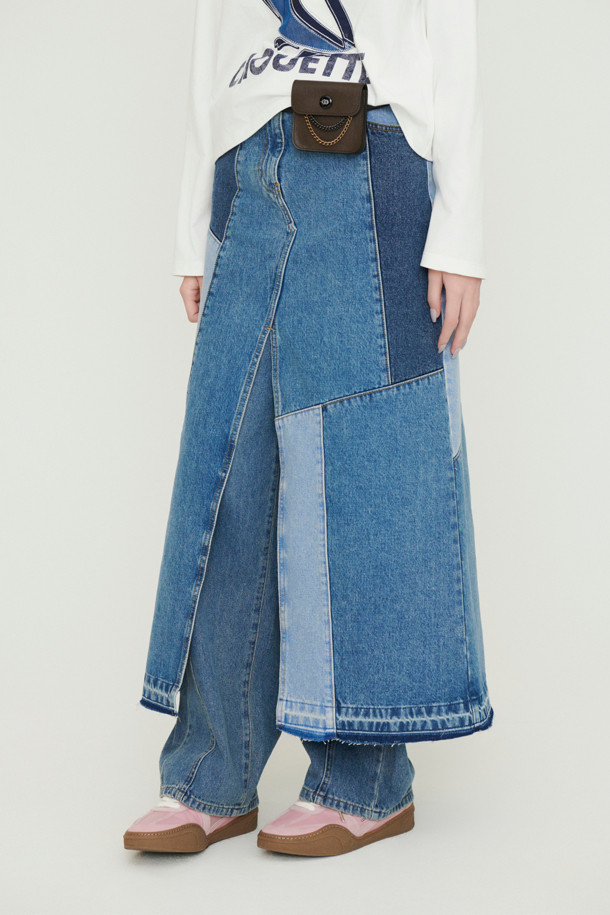 LUCKY CHOUETTE - 롱스커트 - Color Patch Denim Long Skirt (blue)