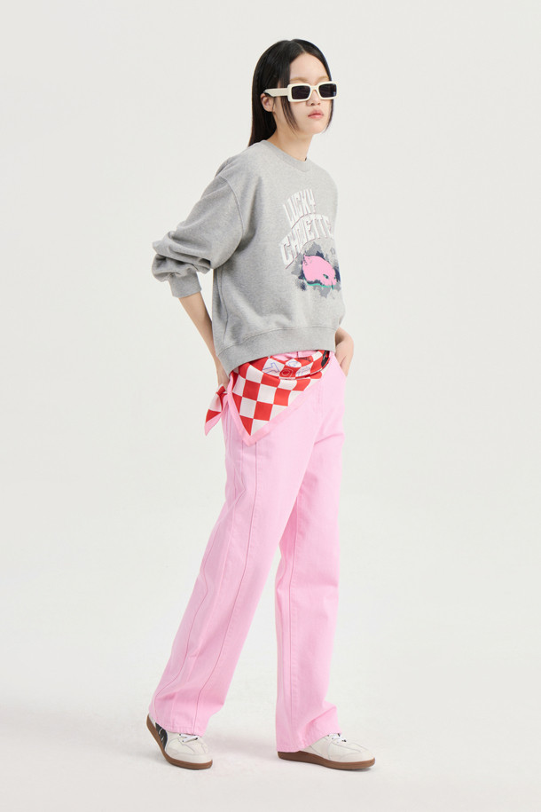 LUCKY CHOUETTE - 롱/미디팬츠 - Waist Coloring Cocoon Fit Denim Pants (pink)