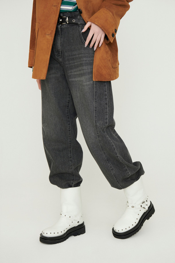 LUCKY CHOUETTE - 롱/미디팬츠 - Waist Banding Denim Pants (dark grey)