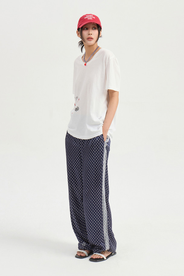 LUCKY CHOUETTE - 롱/미디팬츠 - [Re-Order] Dot Print Jogger Banding Pants (navy)