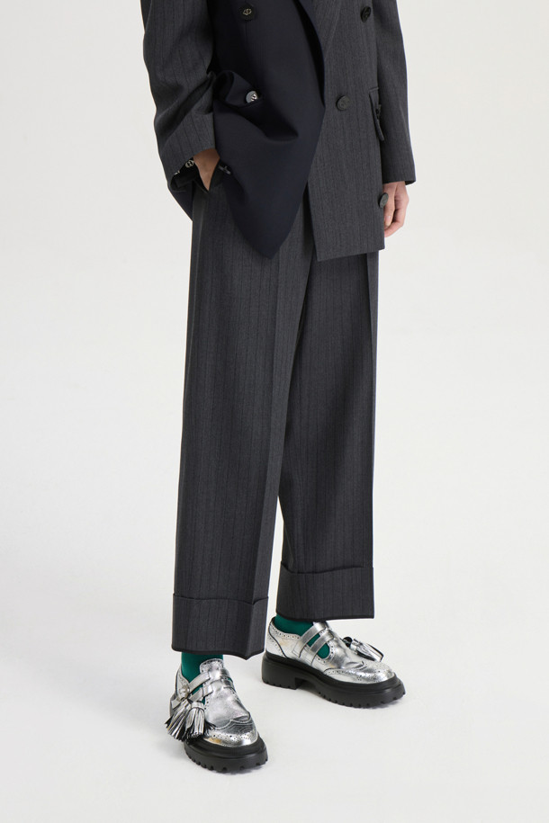 LUCKY CHOUETTE - 롱/미디팬츠 - [Atelier] Stripe Turn-up Pants (grey)