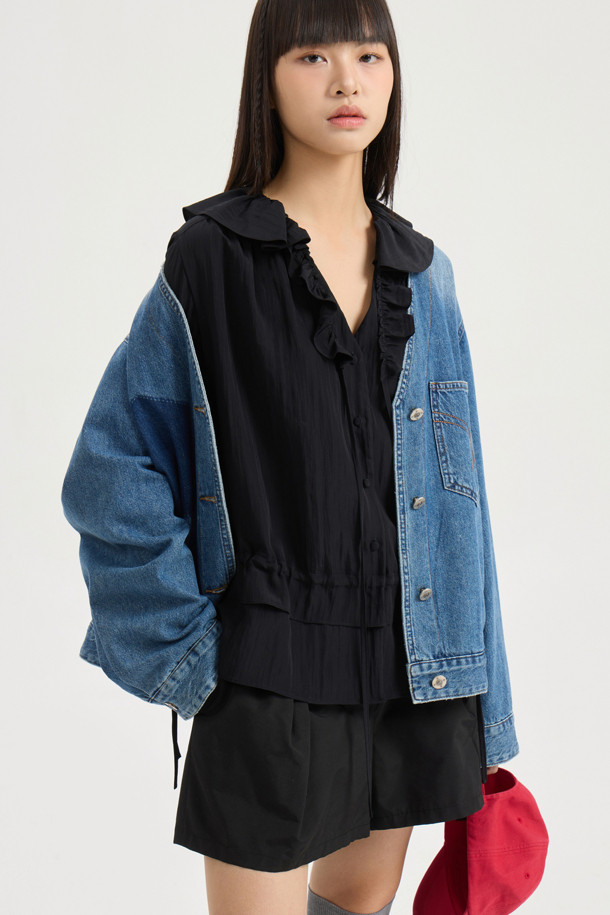 LUCKY CHOUETTE - 블라우스 - Full Open Frill Half Sleeve Blouse (black)