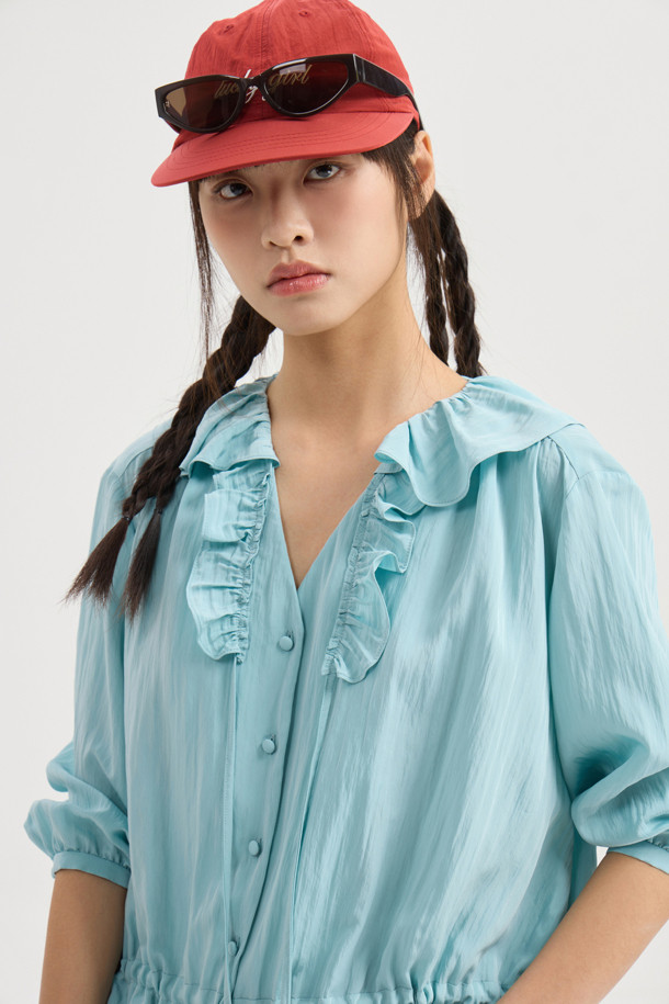 LUCKY CHOUETTE - 블라우스 - Full Open Frill Half Sleeve Blouse (blue)