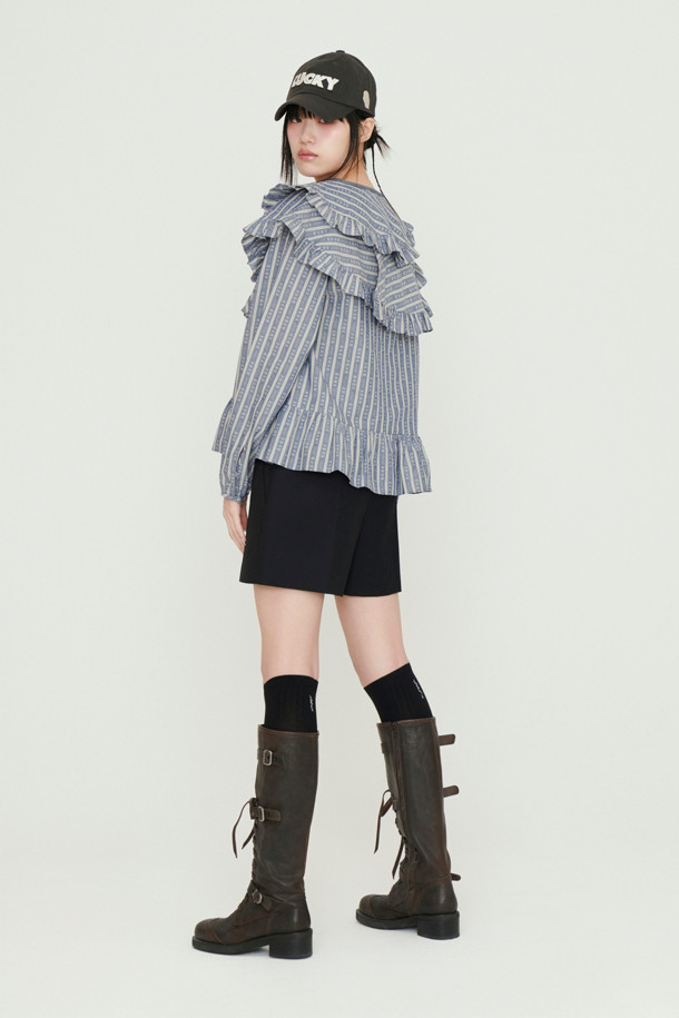 LUCKY CHOUETTE - 블라우스 - Frill Point Stripe Long Sleeve Blouse (blue)