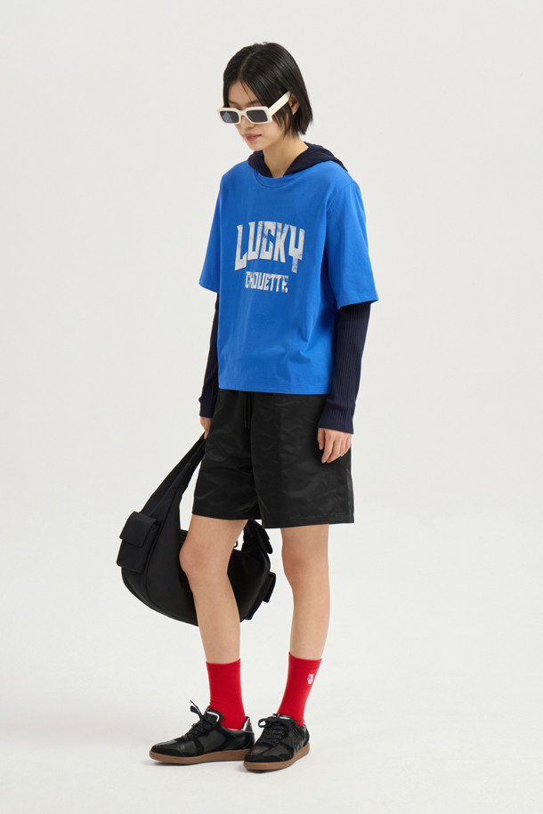 LUCKY CHOUETTE - 반소매 티셔츠 - Lucky Lettering Loose Fit Half Sleeve T-shirt (blue)