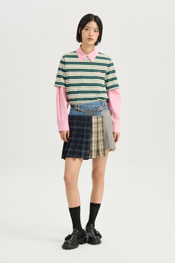 LUCKY CHOUETTE - 반소매 티셔츠 - Embroidery Point Stripe Half Sleeve T-shirt (green)