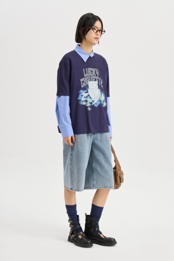 LUCKY CHOUETTE - 반소매 티셔츠 - Print Point Loose Fit Half Sleeve T-shirt (navy)