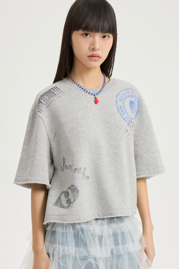 LUCKY CHOUETTE - 반소매 티셔츠 - Print Point Half Sleeve T-shirt (melange grey)