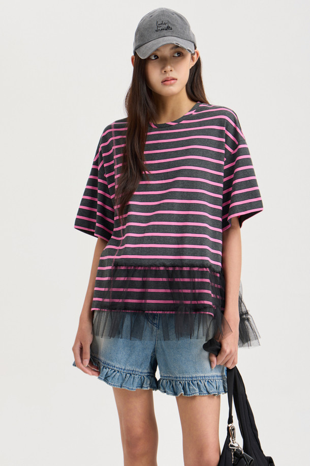 LUCKY CHOUETTE - 반소매 티셔츠 - Mesh Stripe Half Sleeve T-shirt (dark grey)