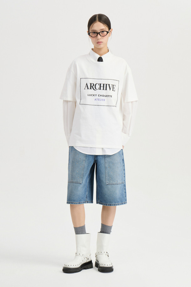 LUCKY CHOUETTE - 반소매 티셔츠 - [Atelier] Lettering Point Half Sleeve T-shirt (ivory)