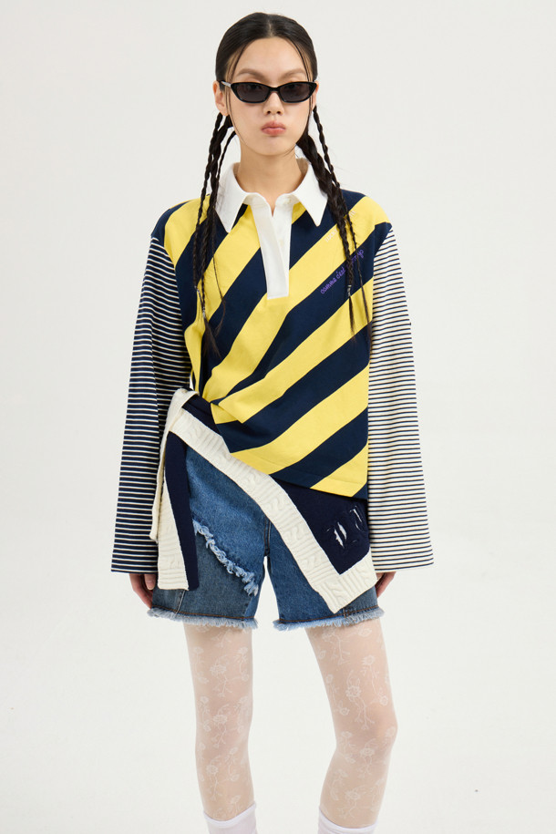 LUCKY CHOUETTE - 긴소매 티셔츠 - Stripe Mix Collar Long Sleeve T-shirt (yellow)