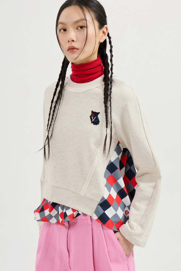 LUCKY CHOUETTE - 스웻셔츠 - Checkered Print Color Sweatshirt (oatmeal)