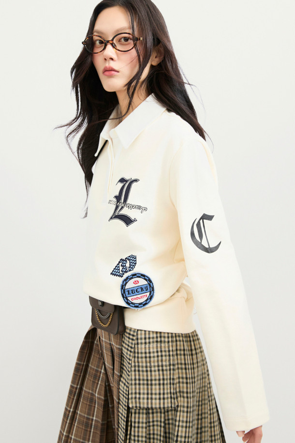 LUCKY CHOUETTE - 긴소매 티셔츠 - Embroidered Point Collar Long-Sleeved T-shirt (ivory)