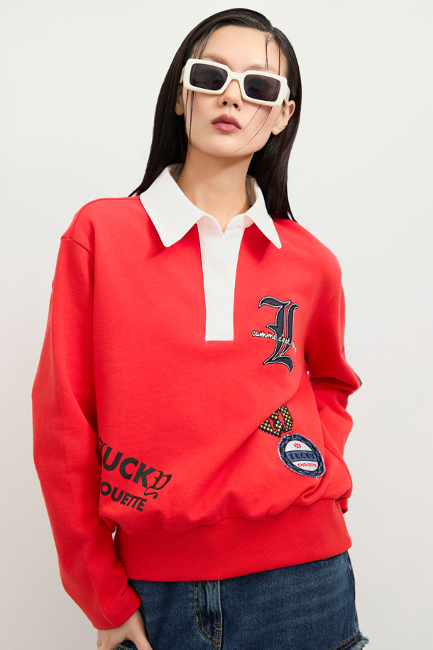 LUCKY CHOUETTE - 긴소매 티셔츠 - Embroidered Point Collar Long-Sleeved T-shirt (red)