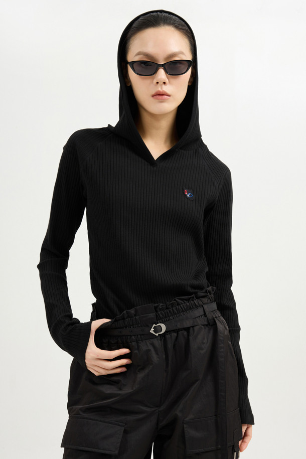 LUCKY CHOUETTE - 후디 - Embroidered Point Rib Hooded T-shirt (black)