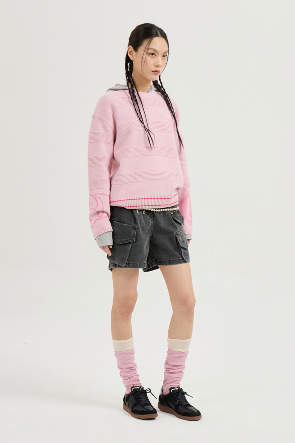 LUCKY CHOUETTE - 후디 - [Re-Order] Embroidered Point Rib Hooded T-shirt (melange grey)