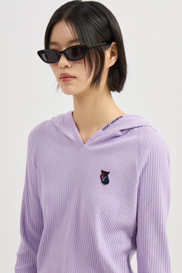 LUCKY CHOUETTE - 후디 - [Re-Order] Embroidered Point Rib Hooded T-shirt (violet)