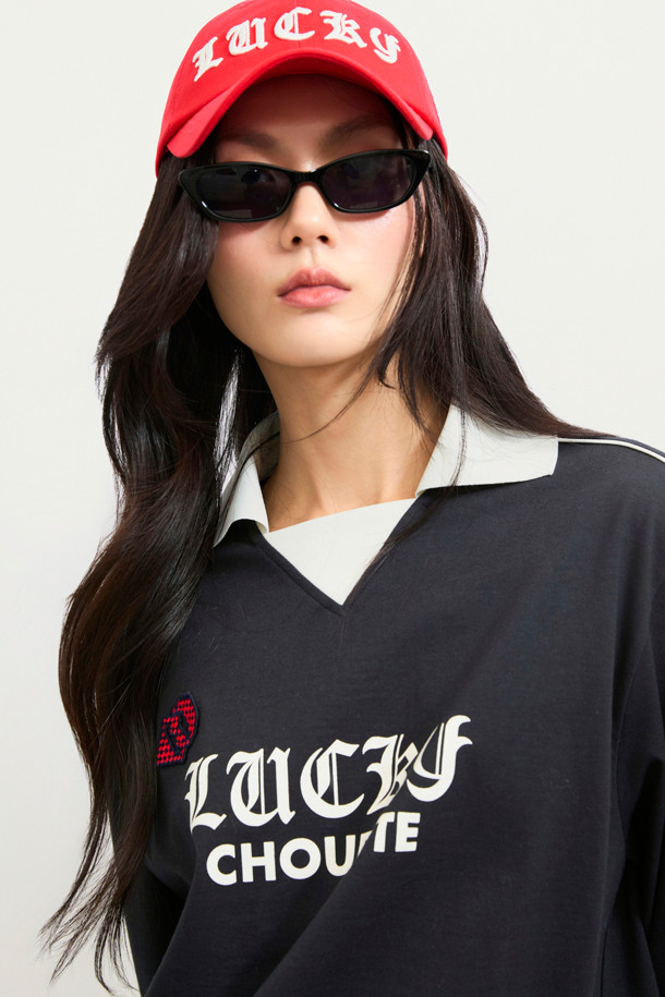 LUCKY CHOUETTE - 긴소매 티셔츠 - Coloring Bing Point Collar Long-sleeve T-shirt (dark navy)