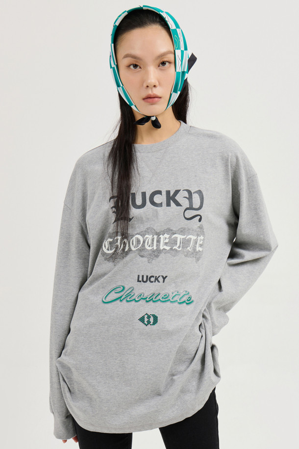 LUCKY CHOUETTE - 긴소매 티셔츠 - Print Point Long Length Long-Sleeved T-Shirt (melange grey)