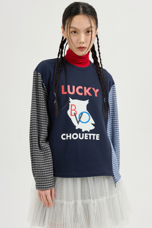 LUCKY CHOUETTE - 긴소매 티셔츠 - Checkered Sleeve MIX Long-Sleeved T-Shirt (dark navy)