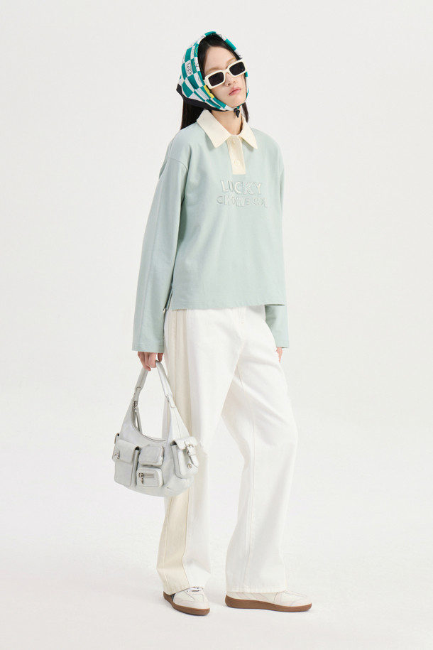 LUCKY CHOUETTE - 긴소매 티셔츠 - Embroidered Point Collar Long-sleeved T-shirt (mint)