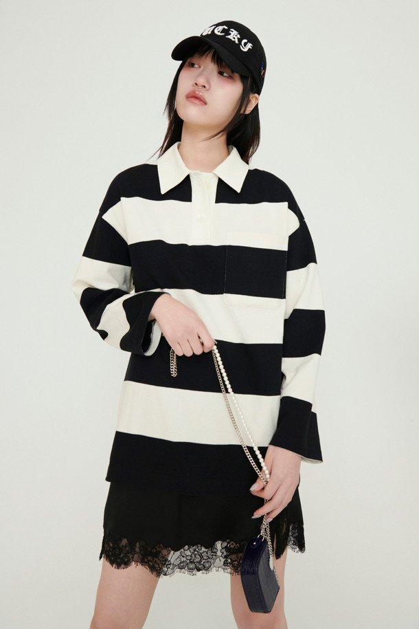 LUCKY CHOUETTE - 긴소매 티셔츠 - Stripe Collar Long Sleeve T-shirt (black)