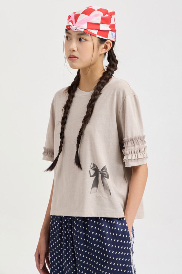 LUCKY CHOUETTE - 반소매 티셔츠 - Frill Half Sleeve T-shirt (light beige)