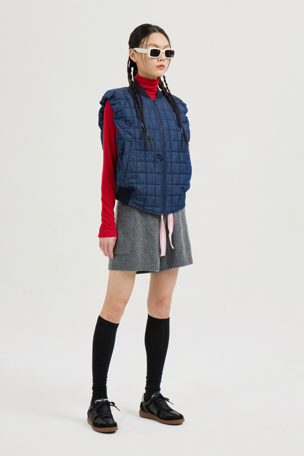 LUCKY CHOUETTE - 패딩 - Emblem Quilting Denim Like Padded Vest (blue)