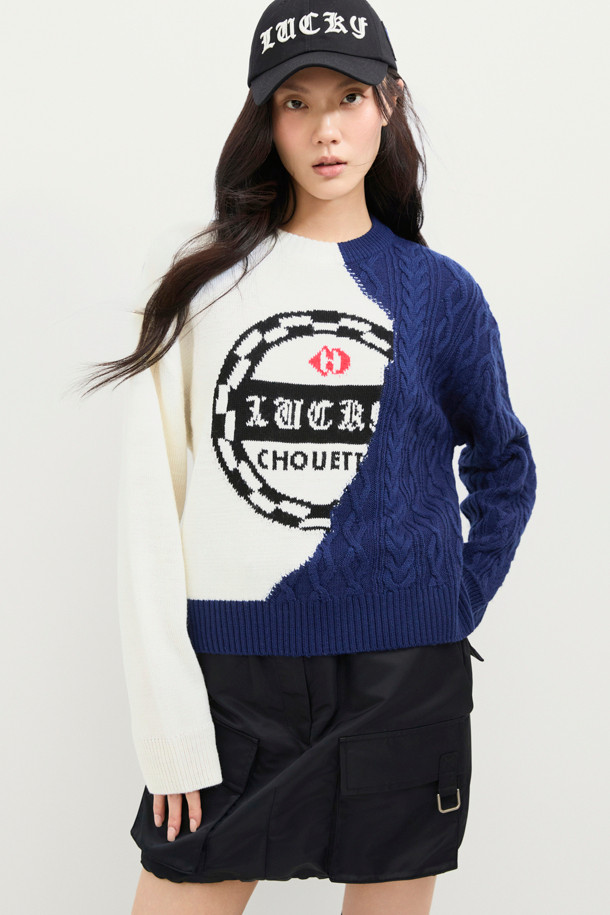 LUCKY CHOUETTE - 스웨터 - Half Color Cable Mix Knit Pullover (ivory)