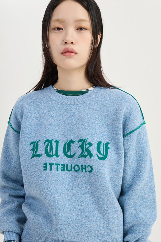 LUCKY CHOUETTE - 스웨터 - Reversible Lettering Round Neck Knit Pullover (blue)