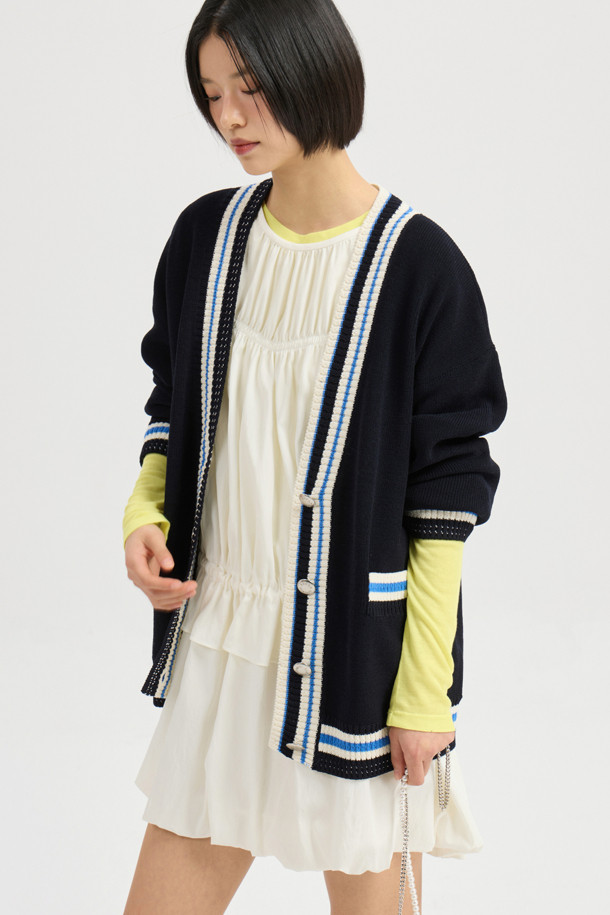 LUCKY CHOUETTE - 가디건 - Color Line Back Lettering Knit Cardigan (dark navy)