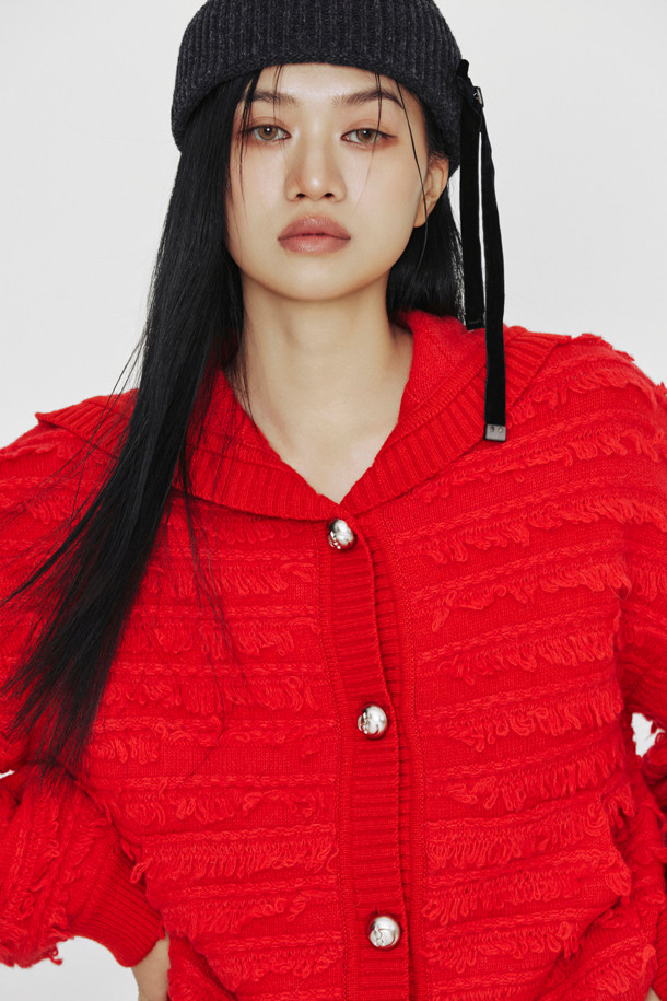 LUCKY CHOUETTE - 가디건 - [Holiday Edition] Loop Tissue Hoodie Knit Cardigan (red)