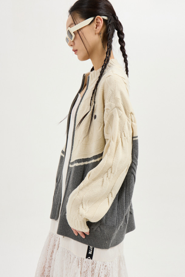 LUCKY CHOUETTE - 가디건 - Half Colored Cable Jumper-Type Knit Cardigan (ivory)