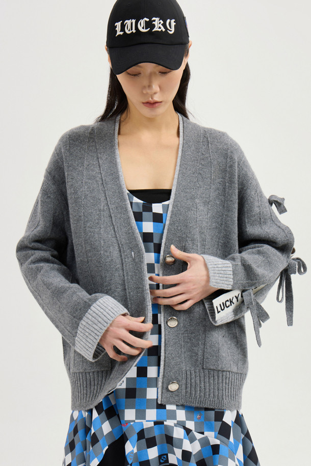 LUCKY CHOUETTE - 가디건 - Sleeve Ribbon Detail V-Neck Cardigan (melange grey)