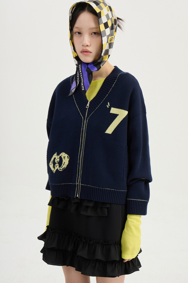 LUCKY CHOUETTE - 가디건 - V-neck Zip-up Knit Cardigan (dark navy)