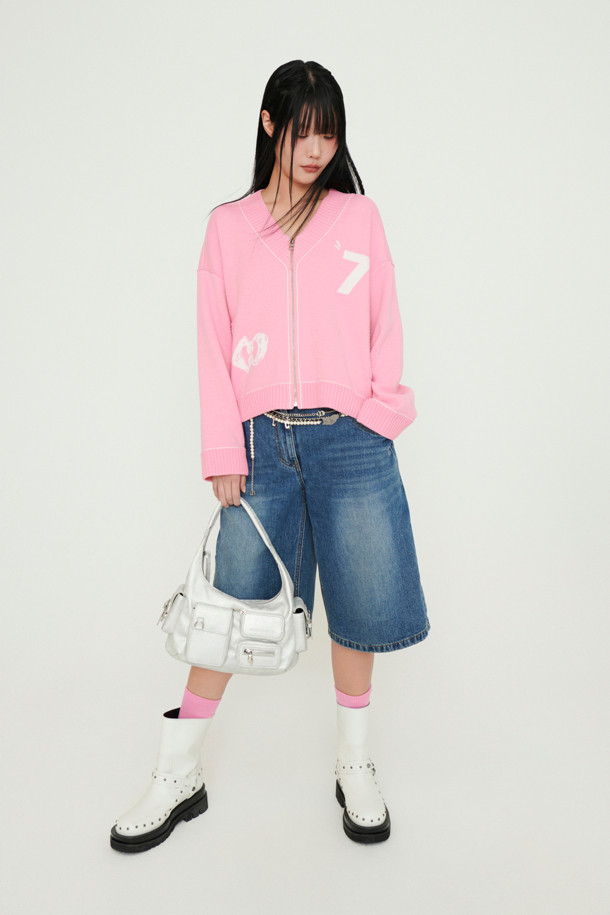 LUCKY CHOUETTE - 가디건 - V-neck Zip-up Knit Cardigan (pink)