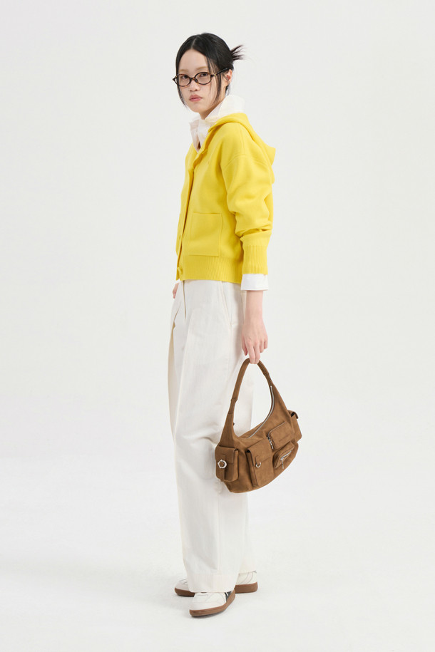 LUCKY CHOUETTE - 가디건 - Detachable Hooded Round Neck Knit Cardigan (yellow)