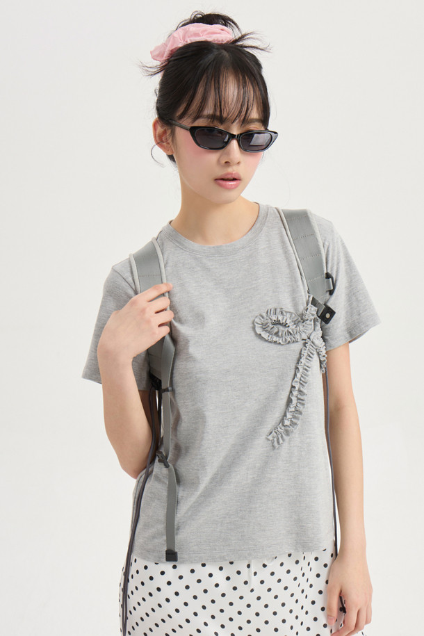 LUCKY CHOUETTE - 반소매 티셔츠 - Chouetties by LUCKY CHOUETTE_Ribbon Point Half Sleeve T-shirt (melange grey)