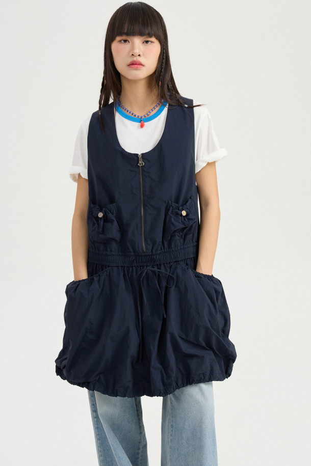 LUCKY CHOUETTE - 민소매 원피스 - U Neck String Volume Dress (dark navy)