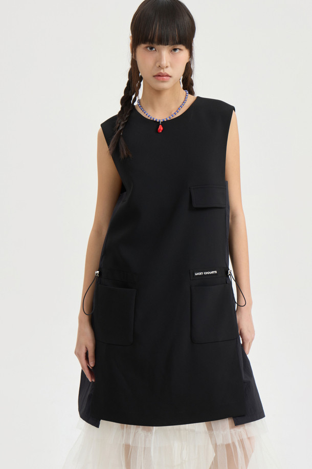LUCKY CHOUETTE - 민소매 원피스 - Texture Mix Mini Dress (black)