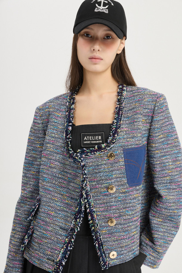 LUCKY CHOUETTE - 자켓 - [Atelier] Denim Pocket U-Neck Tweed Jacket (multi color)