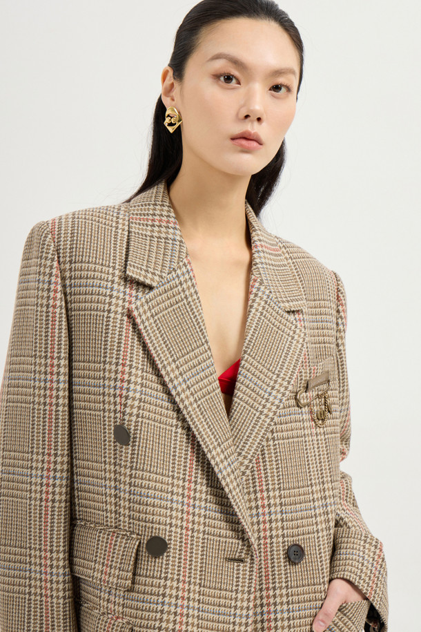 LUCKY CHOUETTE - 자켓 - Check Brooch Double Jacket (beige)