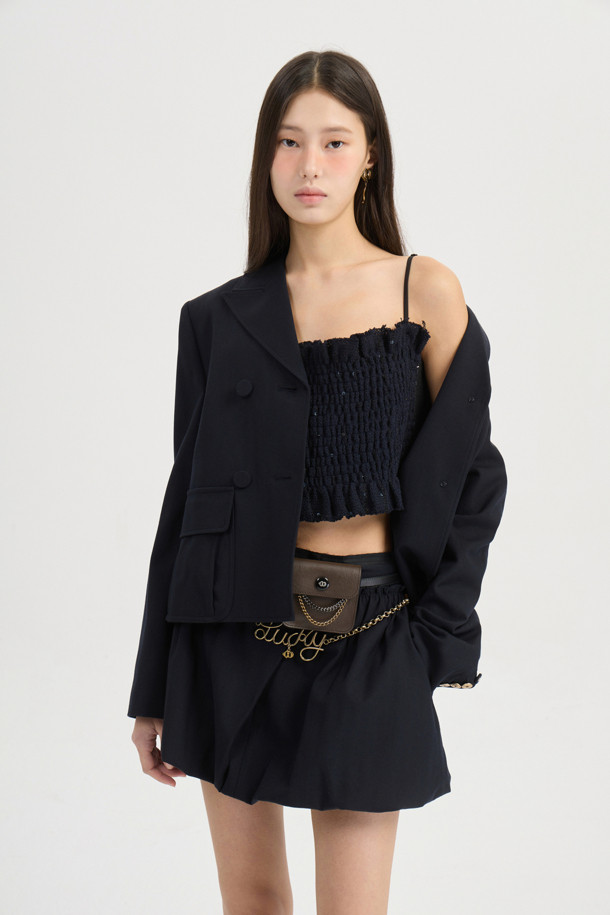 LUCKY CHOUETTE - 미니스커트 - [Atelier] Wool Cotton Shirring Mini Skirt (dark navy)