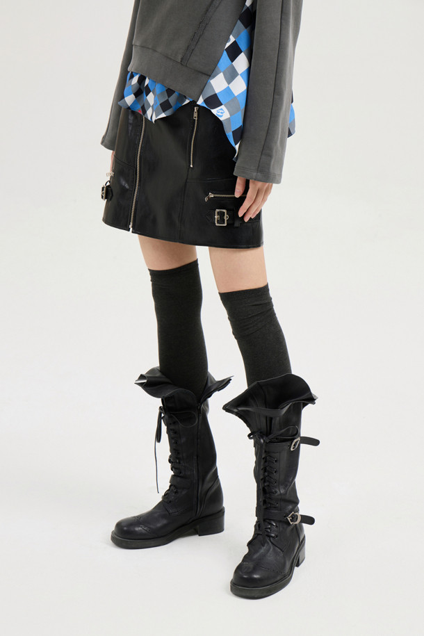 LUCKY CHOUETTE - 미니스커트 - Fake Leather Mini Skirt (fabric belt) (black)